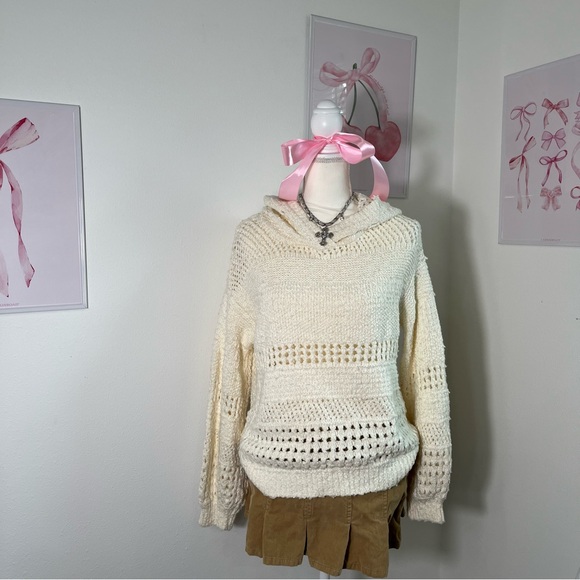 By Anthropologie Tops - Anthropologie Pointelle Knit Crochet Open Knit‎ Cream Hoodie Pullover Sweater S